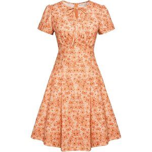 Womens Floral Dress 1940s Retro A Line Stretchy Midi Dress for School Dance